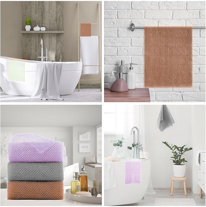 UJFQBH 3 Pieces African exfoliating net African Net Long Net Bath Sponge Exfoliating Shower Body Scrubber Back Scrubber Skin Smoother,Great for Daily Use (Purple、Gray、Brown)-Velvo Beauty