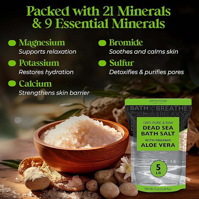 Aromasong 5 lbs Raw Dead Sea Salt with Organic Aloe Vera, not Cleaned, Still Contains All Dead sea Minerals Including Dead sea Mud, Fine Medium Grain Large resealable Bulk Pack (Packaging May Vary)-Velvo Beauty