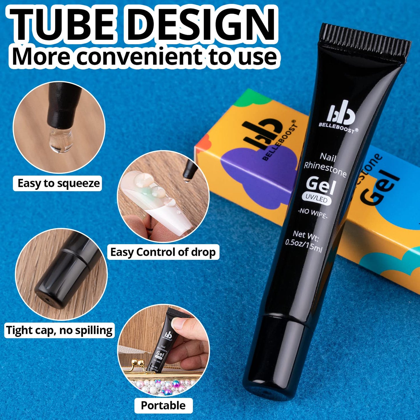 Nail Art Rhinestone Glue Gel&2 Boxes Flatback Gems Kit, 1 Tube of 15ml Rhinestone Gel Glue(UV/LED Needed)+Crystal AB Gems+Flat-Back Round Glass Clear Gemstones with Pickup Tools-Velvo Beauty