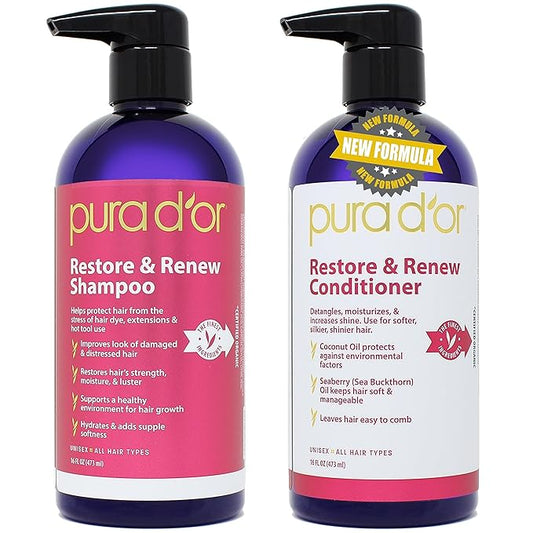 PURA D'OR Restore & Renew Shampoo and Conditioner Set for Strong, Healthy, and Nourished Hair with Organic Aloe Vera, Rosemary, Sea Buckthorn, Cacay, Coconut, Seaberry & Cedarwood-Velvo Beauty