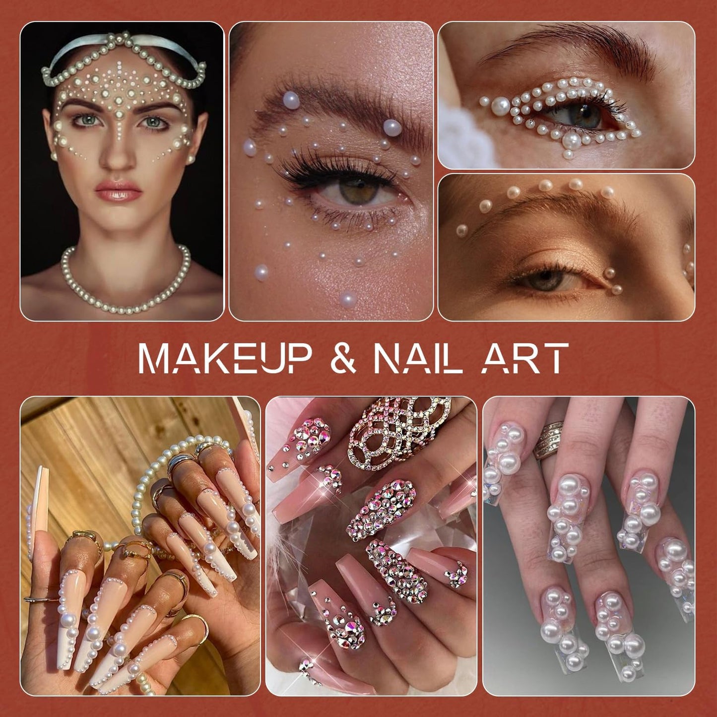 80g Flatback Pearls and Rhinestones for Crafting, White Brown 3-10mm Resin Rhinestones and Half Pearls for Bedazzling, Nail Art and Dec with 3pcs 10ml B7000 Jewelry Glue, Tweezer and Pickup Pencil-Velvo Beauty