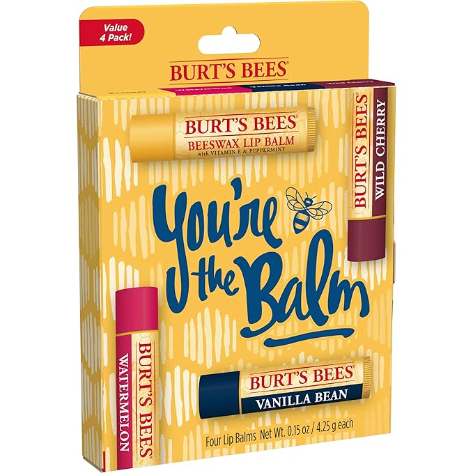 Burt's Bees You're the Balm Lip Balm Pack, With Beeswax, Wild Cherry, Watermelon and Vanilla Bean Flavors, With Responsibly Sourced Beeswax, Tint-Free, Natural Origin Lip Treatment, 4 Tubes, 0.15 oz.-Velvo Beauty