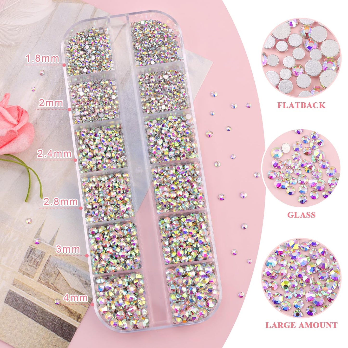 3600pcs Glass AB Nail Rhinestones 6 Sizes(1.8/2/2.4/2.8/3/4mm) Flatback Crystal Nail Charms Jewels Decoration for Nail Art and Crafting, Tweezer and Pickup Pen included-Velvo Beauty