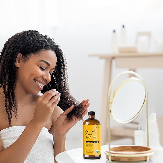 Zen Routine Organic Castor Oil (Glass Bottle - 16oz / 2-Pack) Hexane Free – Hair Growth Oil, Eye Lashes & Stomach, Pure 100% Cold Pressed Unrefined Castor Pack Wrap – USDA Certified, Made in the USA-Velvo Beauty