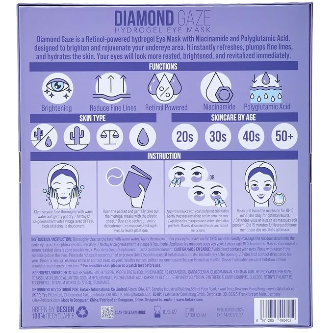DIAMOND GAZE Under Eye Patches 28 Pairs, Rejuvenate Eye Area, Soothing Hydrate Brighten Skin, Plumps Fine Lines, Hydrogel Eye Mask with Retinol, Niacinamide and Polyglutamic Acid, Eye Gel Pads-Velvo Beauty