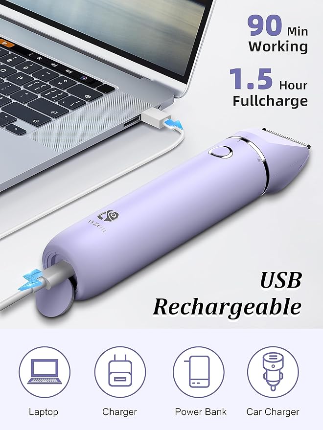 Bikini Trimmer and Shaver Kit for Women - 2-in-1 Wet/Dry Electric Body Hair Trimmer Facial Hair Removal Cordless Waterproof Bikini Shaver Razor for Face Lip Chin Pubic Underarm Legs (Purple)-Velvo Beauty