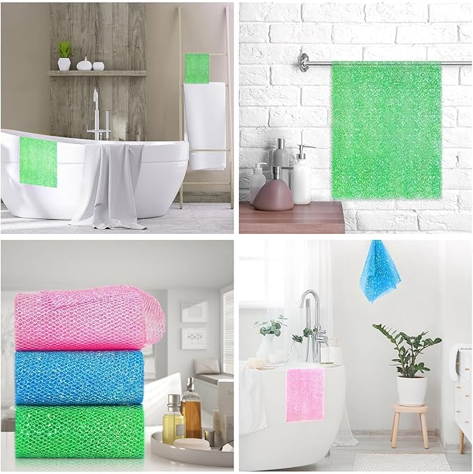 UJFQBH 3 Piece Bright Style African exfoliating net Exfoliating Shower Set Long Bath Sponges for Smooth, Refreshed Skin, The Exterior Gleams - Ideal for Daily Use (Bright Pink, Blue, Green)-Velvo Beauty