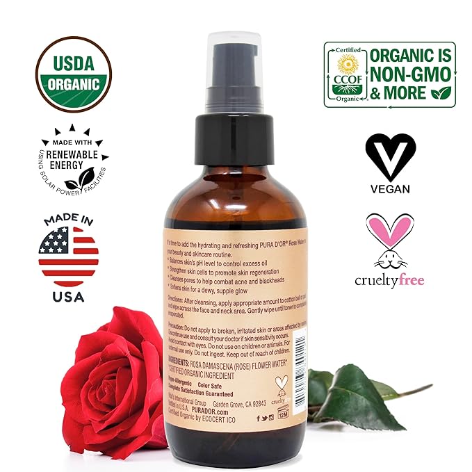 PURA D'OR Organic Rose Water Toner (4oz / 118mL) Eau Fraiche, 100% Pure Full Skin Hydration, Control Excess Oils & Acne - Cleanses & Softens - Promotes Healthy Skin Cell - for All Skin Types-Velvo Beauty