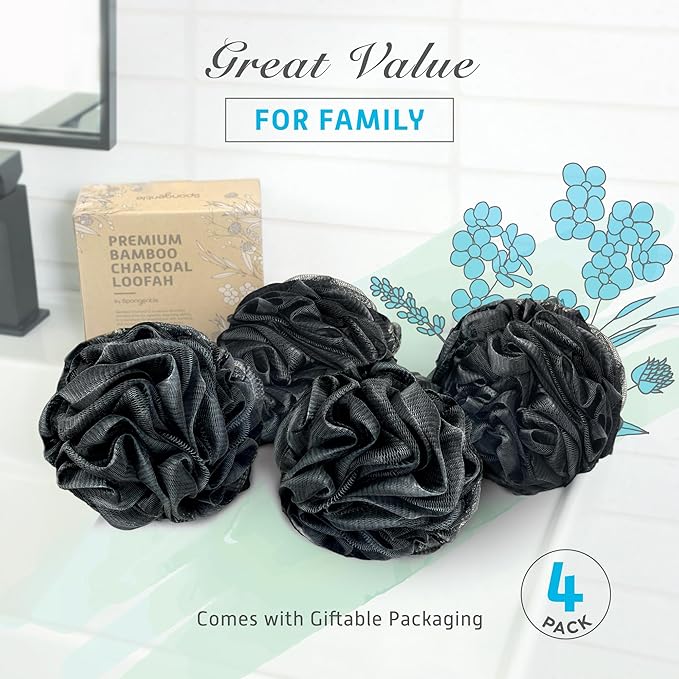 Spongentle Charcoal Bamboo Premium Deep Cleansing Loofah Sponge for Radiant Skin, Pack of 4, Bath and Shower, Exfoliating Body Scrubber, Beautiful Colors for Women and Men-Velvo Beauty