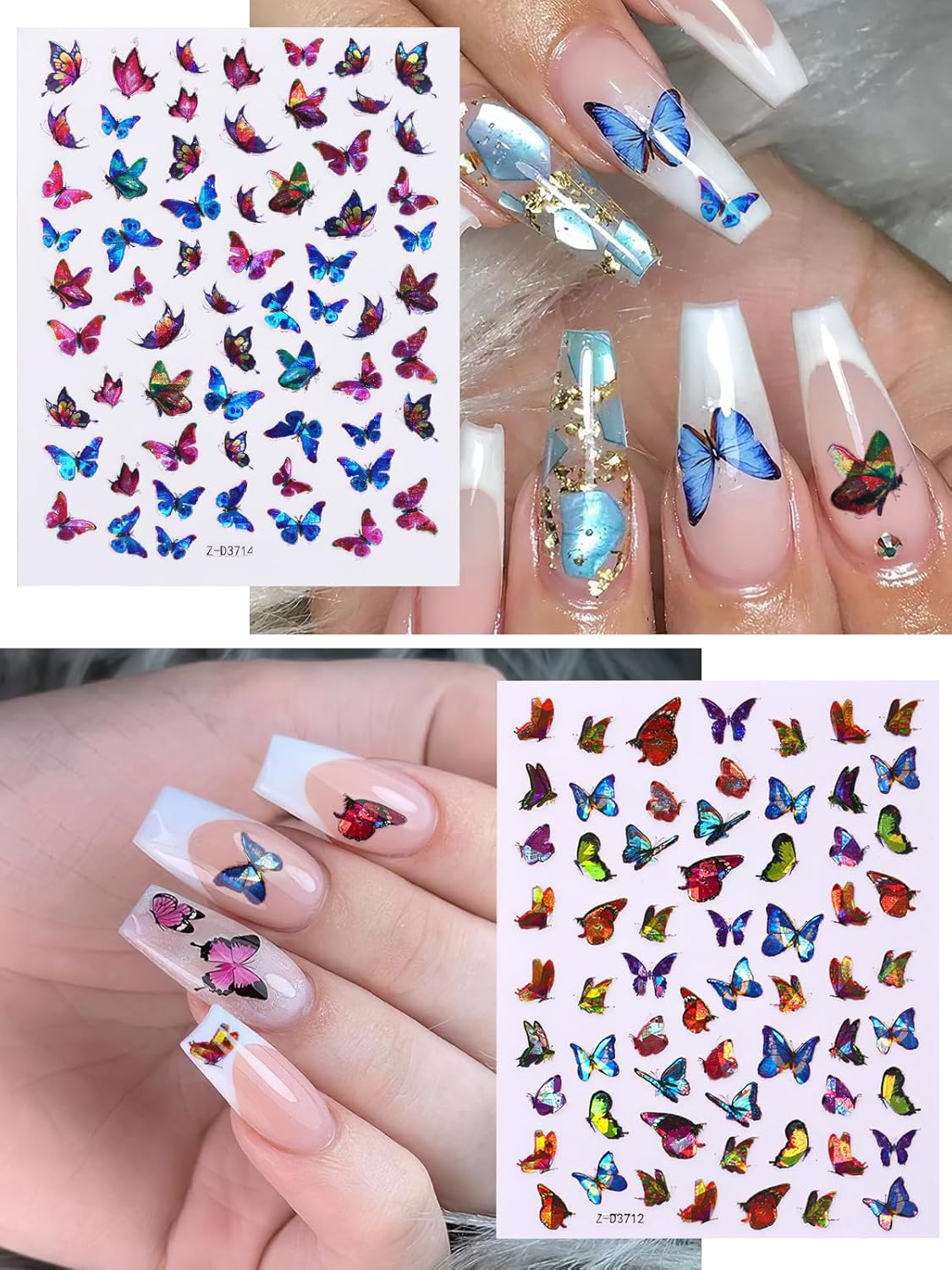 TOROKOM 12 Sheets Butterfly Nail Art Stickers, 3D Self-Adhesive Nail Decals with Colorful Laser Butterflies Designs for DIY Manicure Decor-Velvo Beauty
