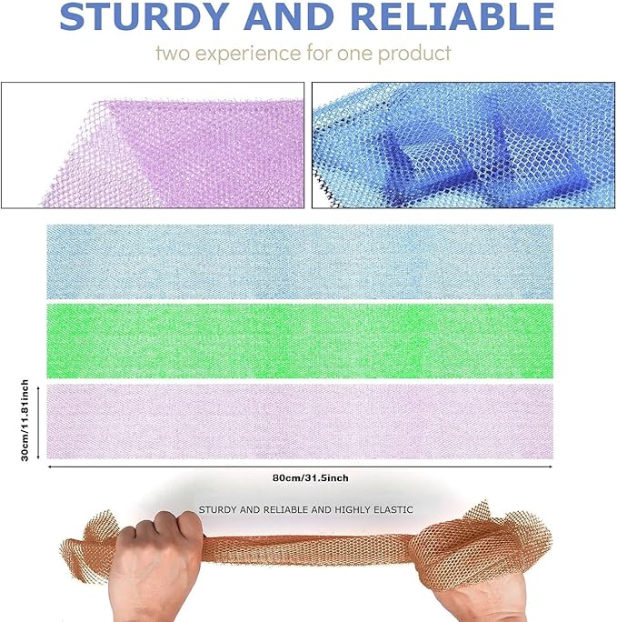UJFQBH 3 Pieces African Bath Sponge African Net Long Net Bath Sponge Exfoliating Shower Body Scrubber Back Scrubber Skin Smoother,Great for Daily Use (Pale Purple, Blue, Green)-Velvo Beauty
