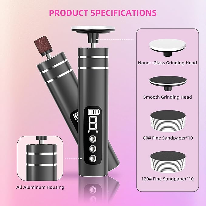 2 in 1 Electric Foot Callus Remover,9 Adjustable Speeds Rechargeable Electric Dead Skin Sander Pedicure Tools with Sandpaper Disk and Nail Drill Bits,Grinding Heads for Women&Men-Velvo Beauty