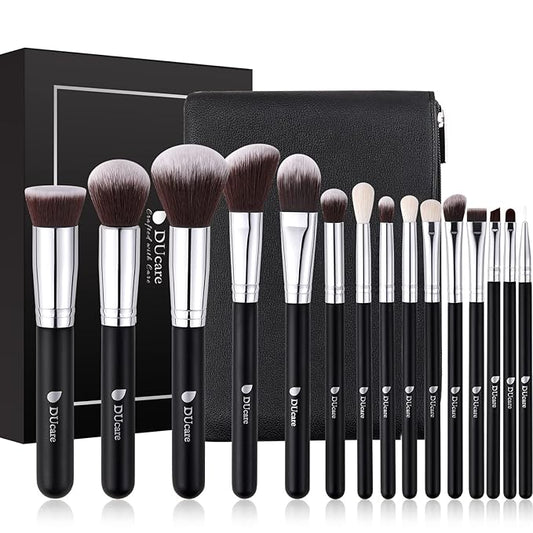 DUcare Makeup Brushes with Bag,15Pcs Makeup Brush Set Christmas Gift Travel Kabuki Foundation Blending Blush Eyeliner Shadow Brow Concealer Brushes Kit Black-Velvo Beauty