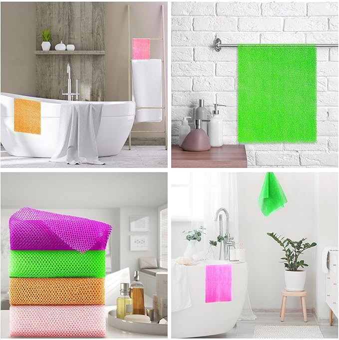 UJFQBH 4 Pieces African Net Sponge African Net Long Net Bath Sponge Exfoliating Shower Body Scrubber Back Scrubber Skin Smoother,Great for Daily Use (Purple, Orange, Green, Pink)-Velvo Beauty