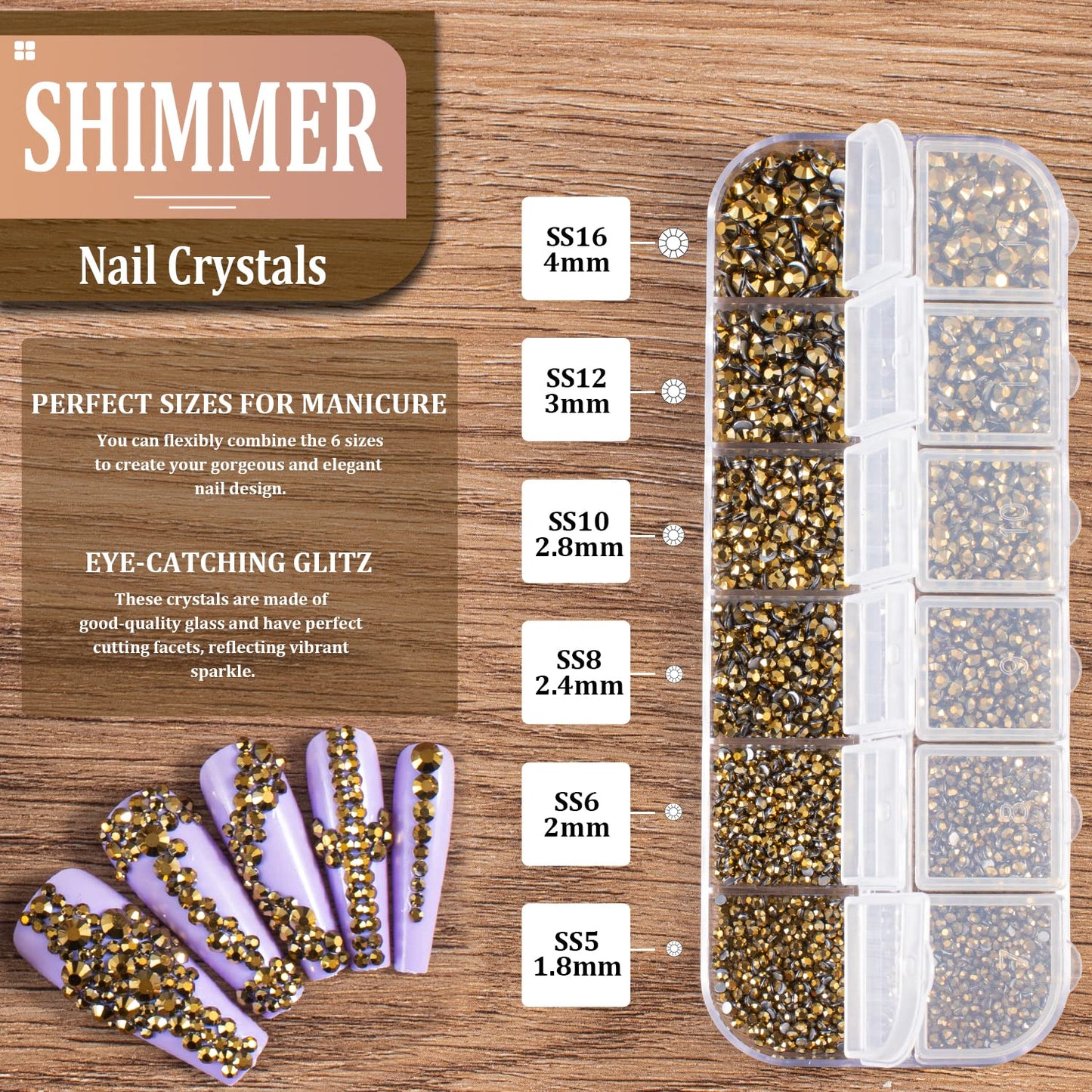3600pcs Glass Mineral Gold Nail Rhinestones 6 Sizes(1.8/2/2.4/2.8/3/4mm) Flatback Crystal Nail Charms Jewels Decoration for Nail Art and Crafting, Tweezer and Pickup Pen included-Velvo Beauty