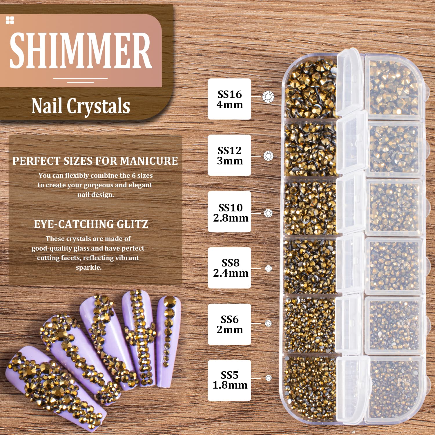 3600pcs Glass Mineral Gold Nail Rhinestones 6 Sizes(1.8/2/2.4/2.8/3/4mm) Flatback Crystal Nail Charms Jewels Decoration for Nail Art and Crafting, Tweezer and Pickup Pen included-Velvo Beauty