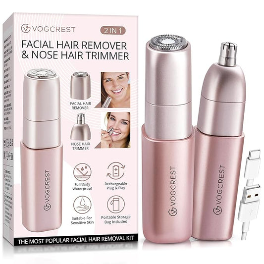 Facial - Nose Hair Remover Women: 2 in 1 Painless Electric Face Shaver and Nose Trimmer - Rechargeable Hair Removal Tool for Face Nose Ear Peach Fuzz Lips Chin-Velvo Beauty