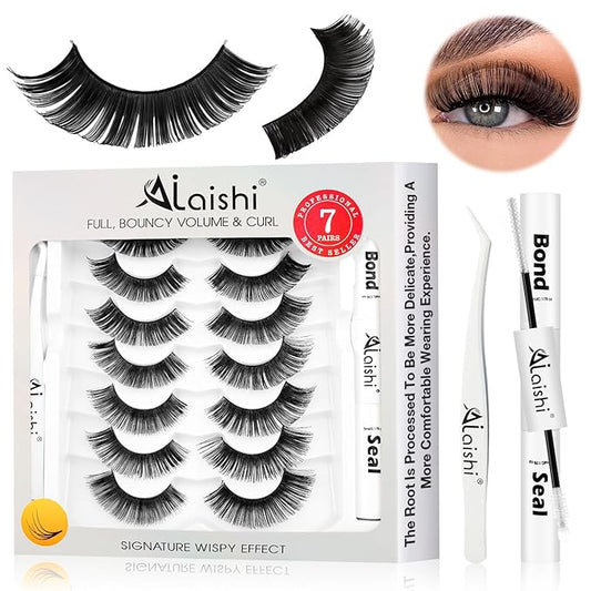 Fluffy False Eyelashes Kit With Bond, Seal and Tweezer, 7 Pairs Natural Look Fake Cat Eye Lashes Strips Thin Band Extensions Waterproof Easy Eyelashes for Beginners DF100-Velvo Beauty