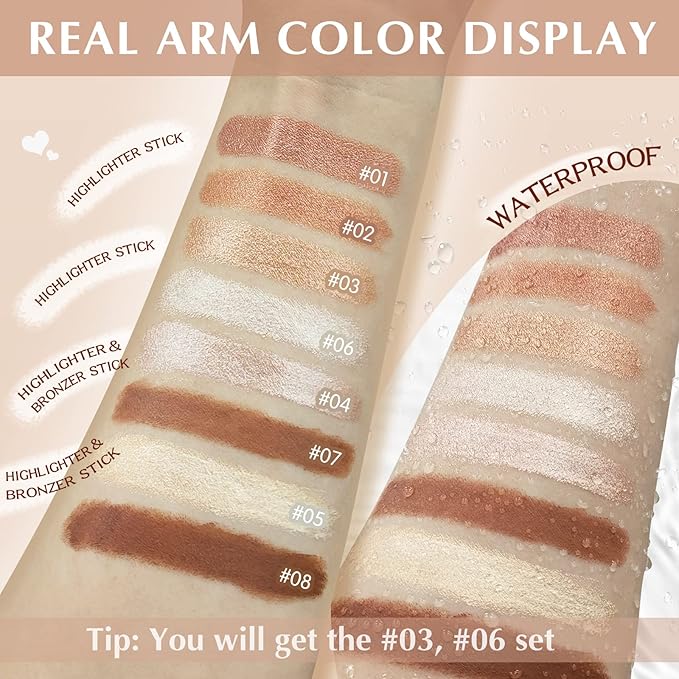 2 Pcs Cream Contour Stick Makeup Kit, Cream Highlighter Stick & Contour Bronzer Stick for Cheeks, Lightweight Blendable Smooth -Highlighter (#03 Champagne Gold #06 Silver)-Velvo Beauty
