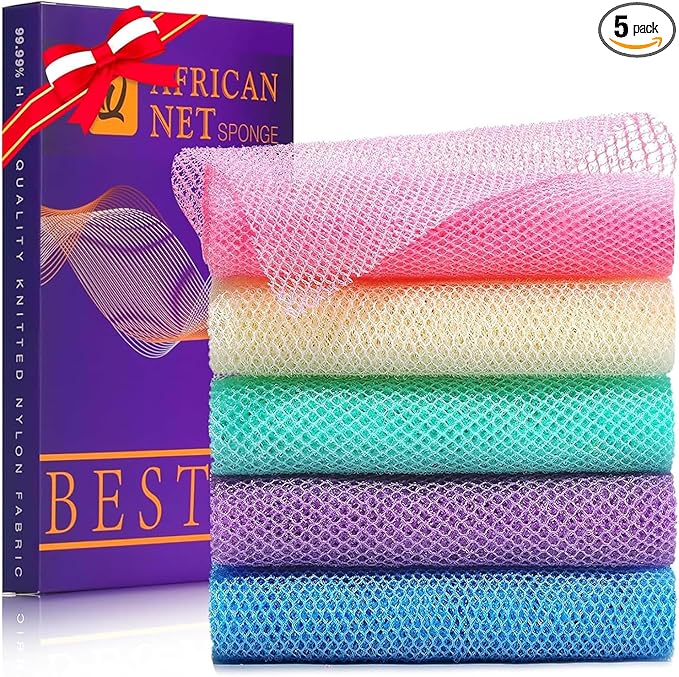 UJFQBH 5 Pieces African Bath Sponge African Net Long Net Bath Sponge Exfoliating Shower Body Scrubber Back Scrubber Skin Smoother,Great for Daily Use (Purple, Pink, Green, Blue, White)-Velvo Beauty