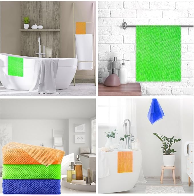 UJFQBH 3 Pieces African Bath Sponge African Net Long Net Bath Sponge Exfoliating Shower Body Scrubber Back Scrubber Skin Smoother,Great for Daily Use (Orange、Blue、Green)-Velvo Beauty