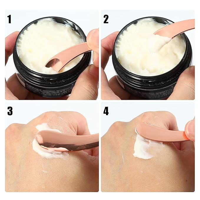 VOCOSTE 4 Pcs Makeup Spatula Mini Spoon, Eye Cream Massage Sticks Beauty Scoop, for Facial Cosmetic Face Cream, Zinc Alloy Moon Shape 2.13"x0.51", Silver Tone-Velvo Beauty