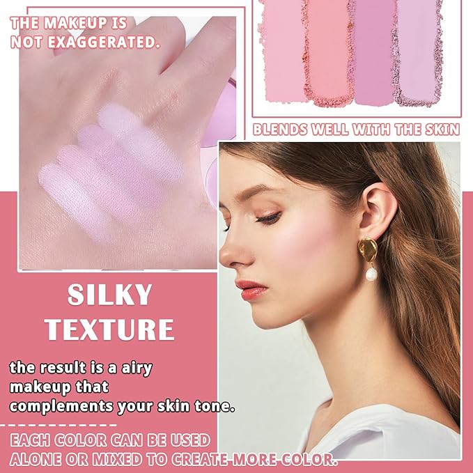 4 Colors Blush Palette for Cheeks,Face Matte Contour Blush Makeup Palette,Buildable Shimmer Facial Cheek Blusher Shades,Blendable Cosmetic Makeup Blush with Blush Brush 02-Velvo Beauty