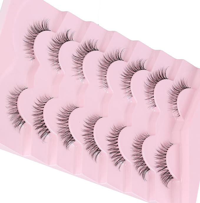 Cat Eyelashes Natural Eye Lashes 12mm False Lashes Wispy Thin Band 3D Volume Fake Eyelash C Curl Lash Pack Natural Look 7 Pair-Velvo Beauty