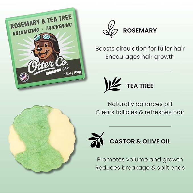 Otter co. Tea Tree and Rosemary Volumizing and Thickening Shampoo Bar - Olive Oil, Green Tea, Nettle, Zinc – Vegan, Sulfate Free & Non Toxic – Women and Mens Shampoo, All Hair Types, Made in USA-Velvo Beauty