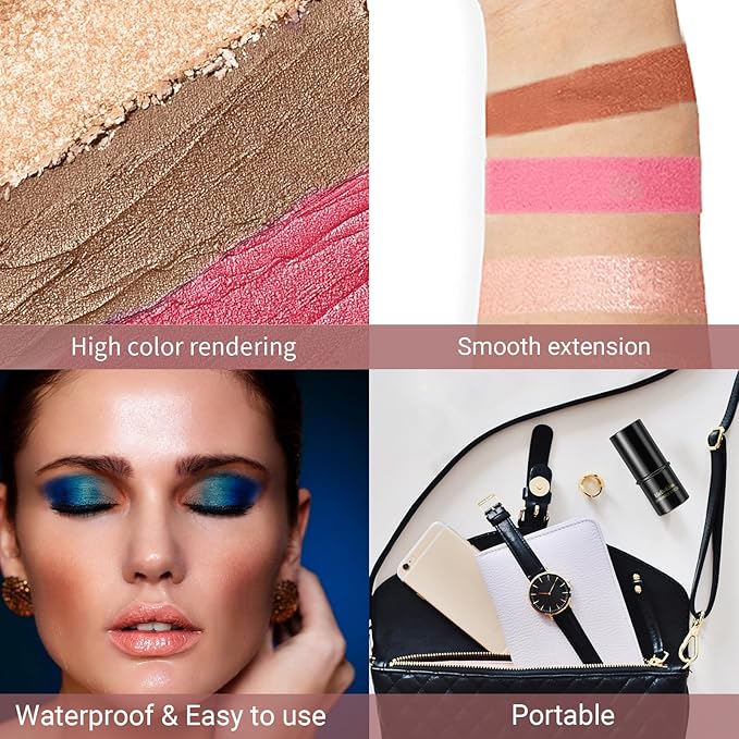 3Pcs Cream Contour Stick, with Highlighter Stick Bronzer Stick Blush Stick, Face Contour Stick Highlighter Makeup with Makeup Brush and Sponge for Sculpt the Cheeks, Long Lasting, Waterproof-Velvo Beauty