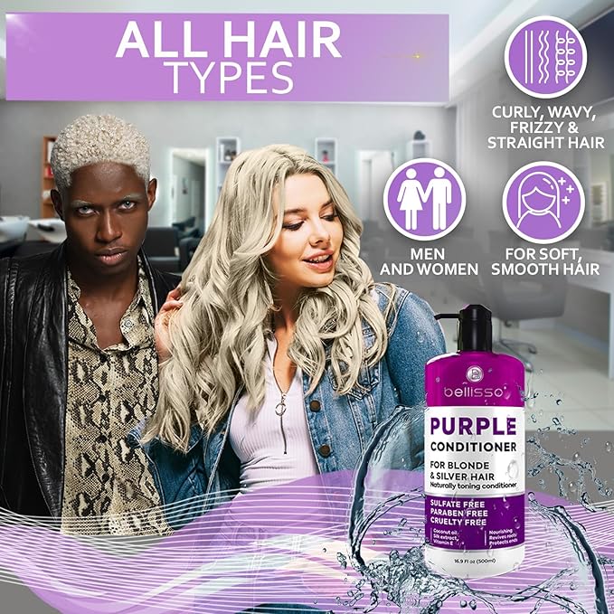 Purple Conditioner for Blonde Hair - Sulfate and Paraben Free Toner - No More Orange and Yellow Brassy Tones - More Balance for Color Treated, Bleached, Silver, White and Gray Hair - Women and Men-Velvo Beauty