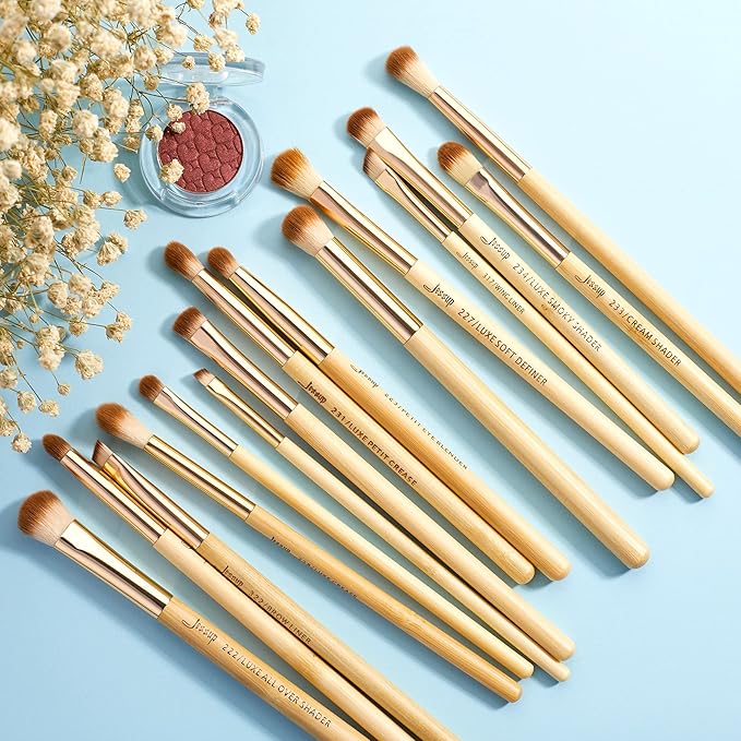 Jessup Eye Makeup Brushes Set, Premium Synthetic Eyeshadow Blending Concealer Eyebrow Eyeliner Brush, 15pcs Labeled Bamboo Make Up Brushes T137-Velvo Beauty