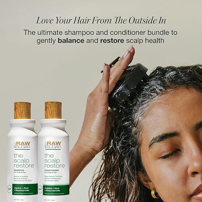 Raw Sugar Scalp Restore Hair Care Bundle, Shampoo and Conditioner Set with Jojoba, Aloe and Niacinamide, Formulated without Sulfates + Parabens-Velvo Beauty