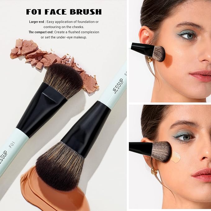 Jessup Makeup Brushes 2pcs Double Sided Foundation Brush Contour Brush Dual Ended Eye Blending Brush, Multi-functional Cosmetic Brush Bright Cyan T502-Velvo Beauty
