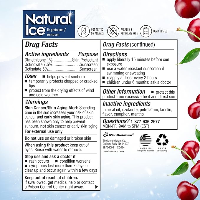 Mentholatum Natural Ice Cherry Flavor Medicated Lip Balm, Hydrating Lip Care for Dry, Chapped Lips, Moisturizing Formula with SPF 15 Helps Prevent Sunburn, Protection for Smooth, Soft Lips 48 Count-Velvo Beauty