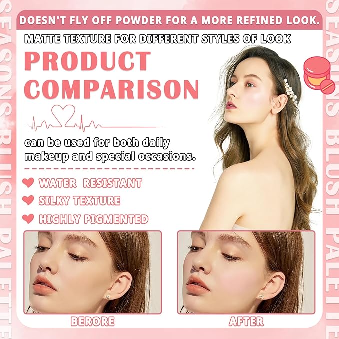 4 Colors Blush Palette for Cheeks,Face Matte Contour Blush Makeup Palette,Buildable Shimmer Facial Cheek Blusher Shades,Blendable Cosmetic Makeup Blush with Blush Brush 02-Velvo Beauty