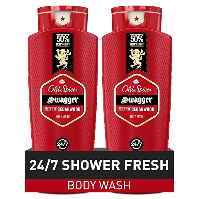 Old Spice Body Wash for Men, 24/7 Shower Fresh with Lasting Scent, Red Collection, Swagger with Cedarwood Scent, 24 fl oz (Pack of 2)-Velvo Beauty