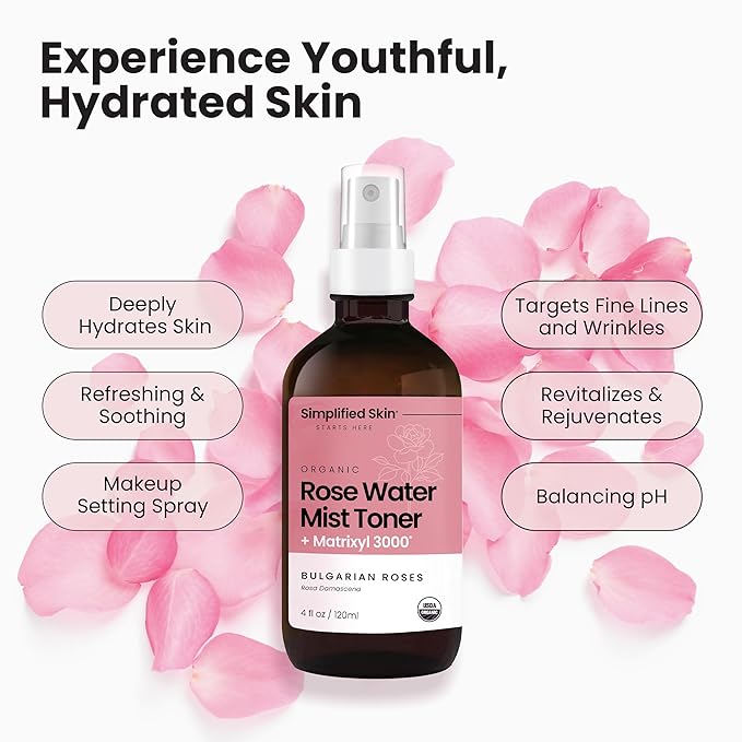 Rose Water Spray for Face with Matrixyl 3000 - Organic Rosewater Face Mist with Aloe Vera & Hyaluronic Acid - Hydrating, Reduces Fine Lines, Boosts Collagen Production, & Soothes Skin - 4 Fl Oz-Velvo Beauty