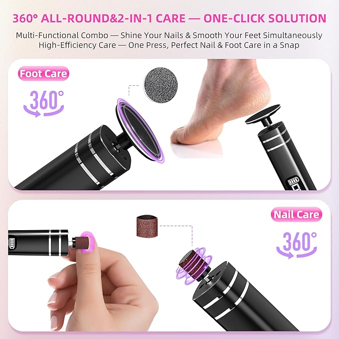 2 in 1 Electric Foot Callus Remover,9 Adjustable Speeds Rechargeable Electric Dead Skin Sander Pedicure Tools with Sandpaper Disk and Nail Drill Bits,Grinding Heads for Women&Men-Velvo Beauty