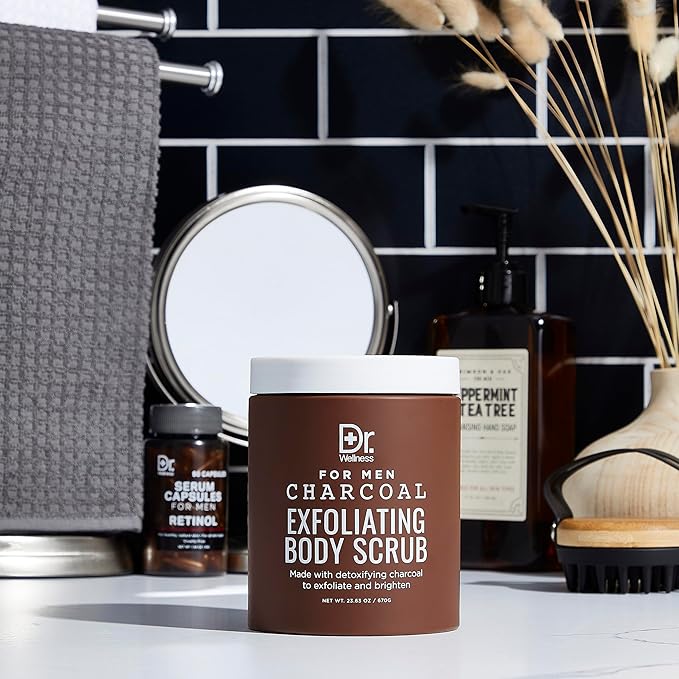 Dr. Wellness Body Scrub for Men- Ultimate Exfoliating Scrub Infused with Charcoal, Men’s Body Wash in Jar with Twist Top, 23 oz, For All Skin Types-Velvo Beauty