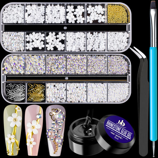 Mixed 3D Nail Art Gem Decoration Accessories Kit #6, Butterfly Starry AB Rhinestone Charm Jewelry for Deco, Pearl Flower Caviar Bead Stone Crystal with Dual-End Brush and Tweezer-Velvo Beauty