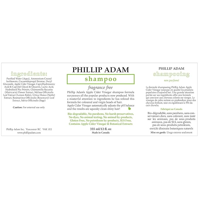 Phillip Adam Fragrance Free Shampoo and Conditioner Set with Apple Cider Vinegar - pH Balancing - Enhance Shine and Smoothness- 12 Ounce Each-Velvo Beauty