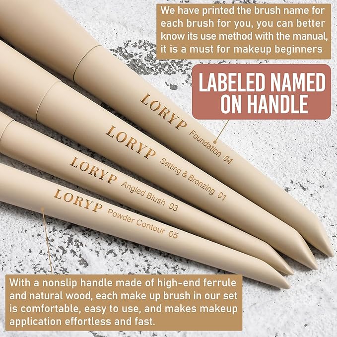 LORYP Makeup Brushes Set Labeled 18 Piece Face and Eye Brush Set Ultra soft hair Foundation, Concealer, Blush, Contour, Blending, Eyeshadow Khaki Brush kit-Velvo Beauty