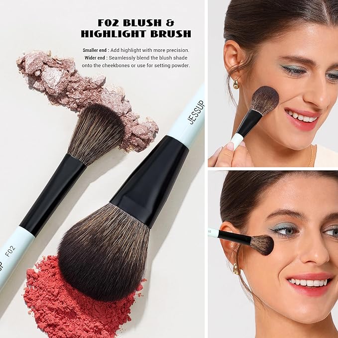 Jessup Face Makeup Brushes Blue 3pcs Double Ended Makeup Brush for Foundation Contour Blush Highlight and Concealer Brush, Premium Synthetic Brush Set T503-Velvo Beauty