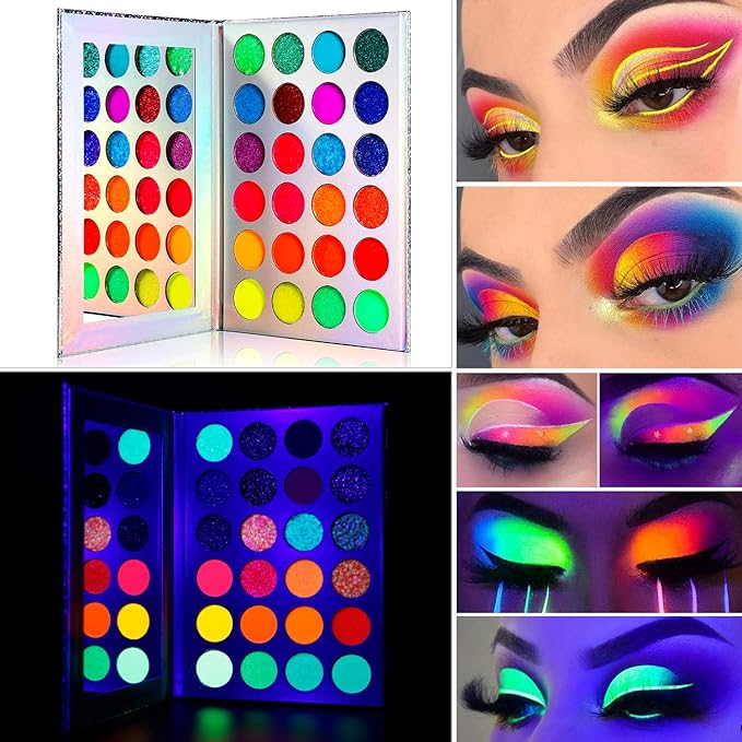 DE'LANCI Neon Eyeshadow Palette Glow in the Dark, Aurora Glow Eyeshadow Pallets Stage, Halloween Christmas Makeup Kit UV Blacklight Matte and Glitter Fluorescent Eye Shadows Highly Pigment-Velvo Beauty