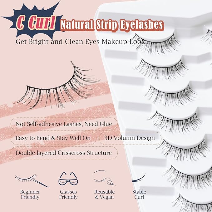 Lashes Short Eyelashes 10MM Natural Lashes Wispy Thin Band Strip Lashes Short Eyelashes Natural Look 3D Volume Lashes 7 Pair Fake Lashes Siligli-Velvo Beauty