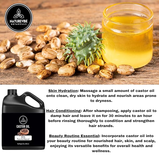 Naturevibe Botanicals Castor Oil 32 Ounces | 100% Pure and Natural | Great for Skin Care and Hair Care | Hexane Free Unrefined Oil for Enhanced Eyebrows and Eyelashes 32 Fl Oz | 946ml-Velvo Beauty