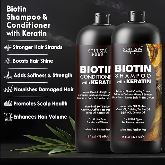 Biotin Shampoo and Conditioner Set with Keratin - Sulfate-Free Advanced Anti-Thinning, Hair Growth Shampoo and Conditioner Combo Repair Formula - with DHT Blockers, for Men & Women - 16 fl oz each-Velvo Beauty