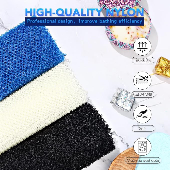 UJFQBH 3 Pieces African Bath Sponge African Net Long Net Bath Sponge Exfoliating Shower Body Scrubber Back Scrubber Skin Smoother,Great for Daily Use(Blue,Black,Off-White)-Velvo Beauty