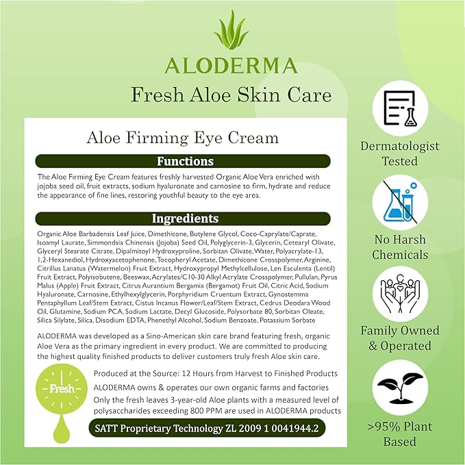 Aloderma Aloe Firming Eye Cream Made with 70% Organic Aloe Vera - Natural Daily Hydrating Eye Cream with Jojoba, Hyaluronic Acid, & Organic Aloe - Reduce Signs of Aging, Fine Lines & Wrinkles, 25g-Velvo Beauty